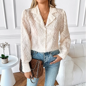 Elegant white long sleeve blouse with fringe textured diamond pattern and lapel collar