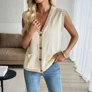 Women's V-neck knit vest in cream with khaki trim and wood-style buttons for autumn