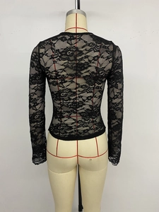 Detail of the back view showing the intricate floral lace texture on this slim black top