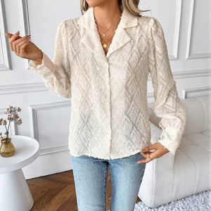 Elegant cream long sleeve blouse with textured fringe jacquard fabric and classic collar