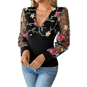 Women's V-neck long sleeve top with mesh patchwork and floral embroidery detail