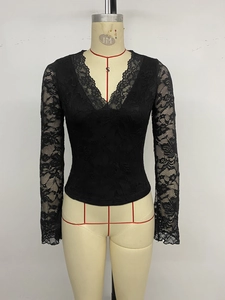 Detail of the sheer floral lace texture and deep V-neckline on this black long sleeve top