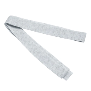 Detailed view of light gray knitted belt accessory with soft breathable texture