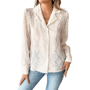 Elegant white long sleeve shirt with textured feather jacquard fabric and lapel collar