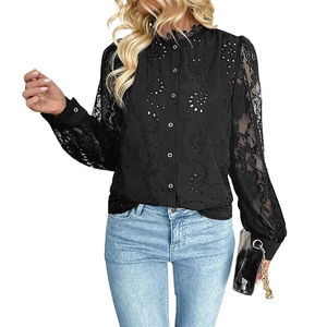 Elegant black long sleeve lace shirt for women with eyelet embroidery and high neck detail