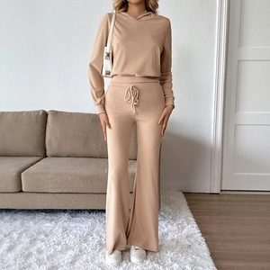 Women Solid Color Ribbed Knit Hooded Sweatshirt And Flared Pants Two Piece Set Casual Home Wear Top And Bottom