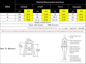 Detailed size chart for long sleeve knitted sweater featuring measurements in cm and inches