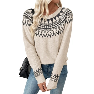 Women's vintage Fair Isle knit sweater with ethnic geometric jacquard in apricot and black