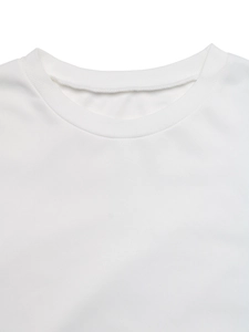 Close-up of the ribbed crew neck collar and stitching on a white cotton sweatshirt