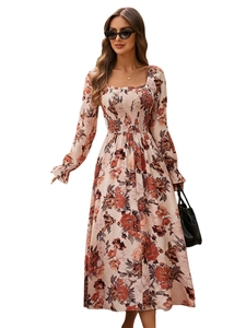 Elegant apricot floral midi dress with square neck and long ruffled sleeves for women