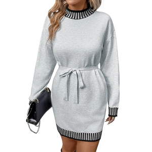 Grey knit dress with striped trim, long sleeves, and a matching waist belt for women