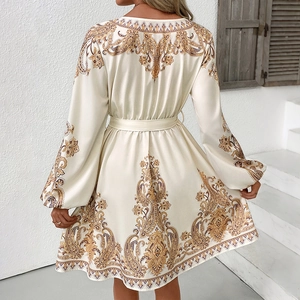 Elegant ivory paisley print V-neck maxi dress with long lantern sleeves and belted waistline