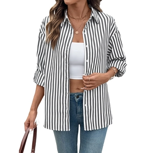 Vertical black and white striped long sleeve button down shirt with lapel collar for women