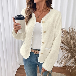 Damen Elegante Lammwolle Jacke Mit Spitzenbesatz V-Ausschnitt Goldene Knöpfe Cremeweiß Gespleißte Strickjacke Mode Oberbekleidung