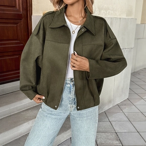 Veste Femme Décontractée Aspect Daim Ample Vintage Revers Courte Fermeture Éclair Vêtement d'Extérieur Vert Armée Mode