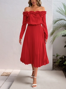 Detail of elegant off-shoulder red midi dress with pleated skirt and ruffled neckline