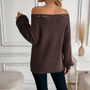 Brown off-the-shoulder knit sweater for women featuring leopard print bow details on the back