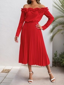 Detail of off-shoulder neckline with elegant lace ruffles on this red pleated dress