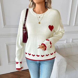 Women's long sleeve knit sweater in cream white with red heart jacquard and round neck