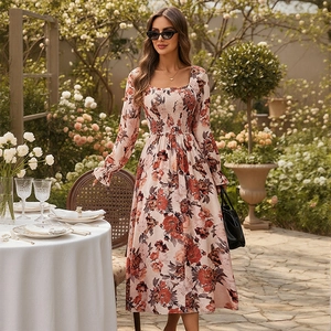 French Vintage Floral Maxi Dress Square Neck Long Sleeve Smocked Waist A-Line Elegant Party Vacation Dress For Women