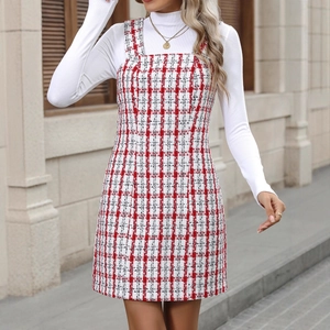 Women's Vintage Plaid Tweed Pinafore Dress Sleeveless Square Neck A-Line Mini Suspender Dress For Autumn Red White Check