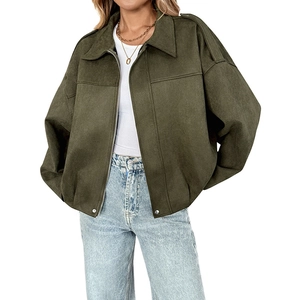 Veste vintage surdimensionnée en daim vert olive pour femme avec revers et zip