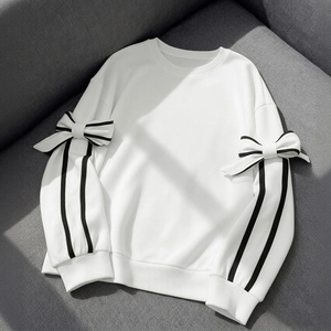 Women Casual Long Sleeve Crew Neck Sweatshirt Contrast Color 3D Bow Decoration Ribbed Trim Fashion Pullover Top