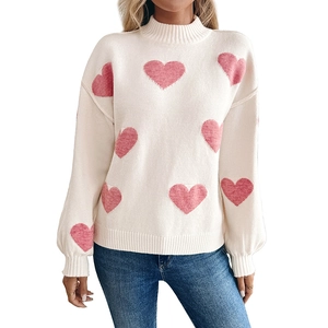 Women's cream knit sweater with large pink heart jacquard and semi-high collar