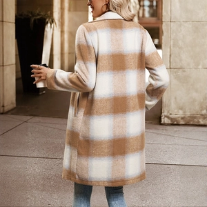 Women's plaid wool coat with long sleeves and lapel collar in brown and blue check pattern