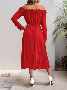 Detailed back view of an elegant red off-shoulder pleated maxi dress with ruffle trim