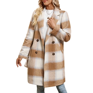 Women's plaid mid-length wool coat with vintage lapel and double-breasted buttons