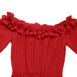 Detail of red off-shoulder dress featuring double-layered ruffled lace and elastic waist