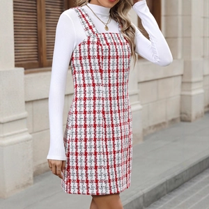 Elegant white turtleneck and red plaid tweed pinafore dress set for women in autumn