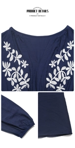 Détails de broderie florale blanche sur col en V et poignets élastiques de la robe marine