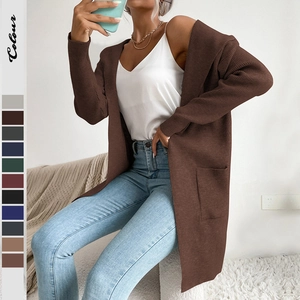 Cardigan in Maglia Con Cappuccio Donna Media Lunghezza Aperto Davanti Maglione Cappotto Con Tasche Casual Largo Manica Lunga
