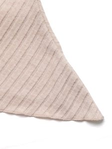Detailed close-up of light khaki rib-knit fabric texture with fine overlock stitching edge