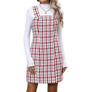 Elegant red and white plaid tweed pinafore dress with a square neck and A-line silhouette