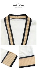 Detailed close-up of white knitted cardigan showing striped cuffs and neckline texture