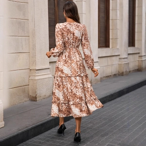 French style V-neck long sleeve marble print maxi dress with tiered skirt in brown and white