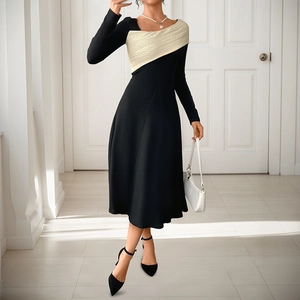Women Elegant Patchwork Midi Dress Long Sleeve Cable Knit Asymmetrical Neckline Slim Fit A-Line Autumn Evening Dress
