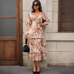 French style V-neck long sleeve printed dress with layered ruffle hem and marble pattern