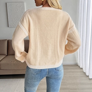 Cardigan en maille pour femme avec col en V, rayures contrastées et ceinture à nouer