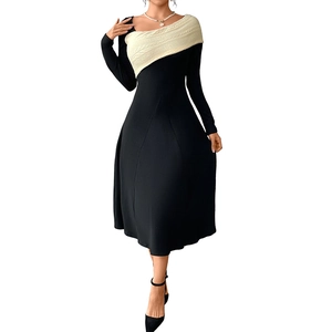 Elegant long-sleeve A-line dress with black and white color-block knitted texture
