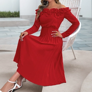Elegant red off-the-shoulder pleated dress with ruffled lace neckline and long sleeves
