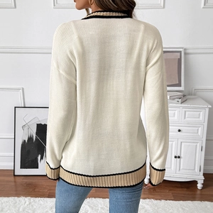 Knitted cardigan sweater for women in beige with contrast V-neck stripe and ribbed hem