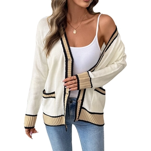 Women's cream white V-neck knitted cardigan with contrast stripes and front pockets