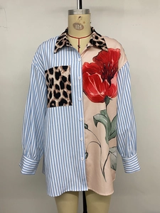 Dettaglio della camicetta patchwork con colletto leopardato e motivi a righe floreali