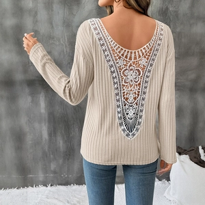 T-Shirt Décontracté en Dentelle Dos Nu pour Femmes Manches Longues Tricot Côtelé Ample Col Rond Top Épissure Crochet Fleur