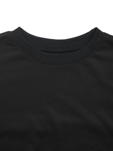 Close-up of ribbed crewneck neckline with reinforced double stitching on black sweatshirt