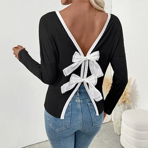 Women Sexy Backless Bow Long Sleeve T-Shirt Ribbed Contrast Round Neck Slim Fit Satin Bow Back Detail Casual Top